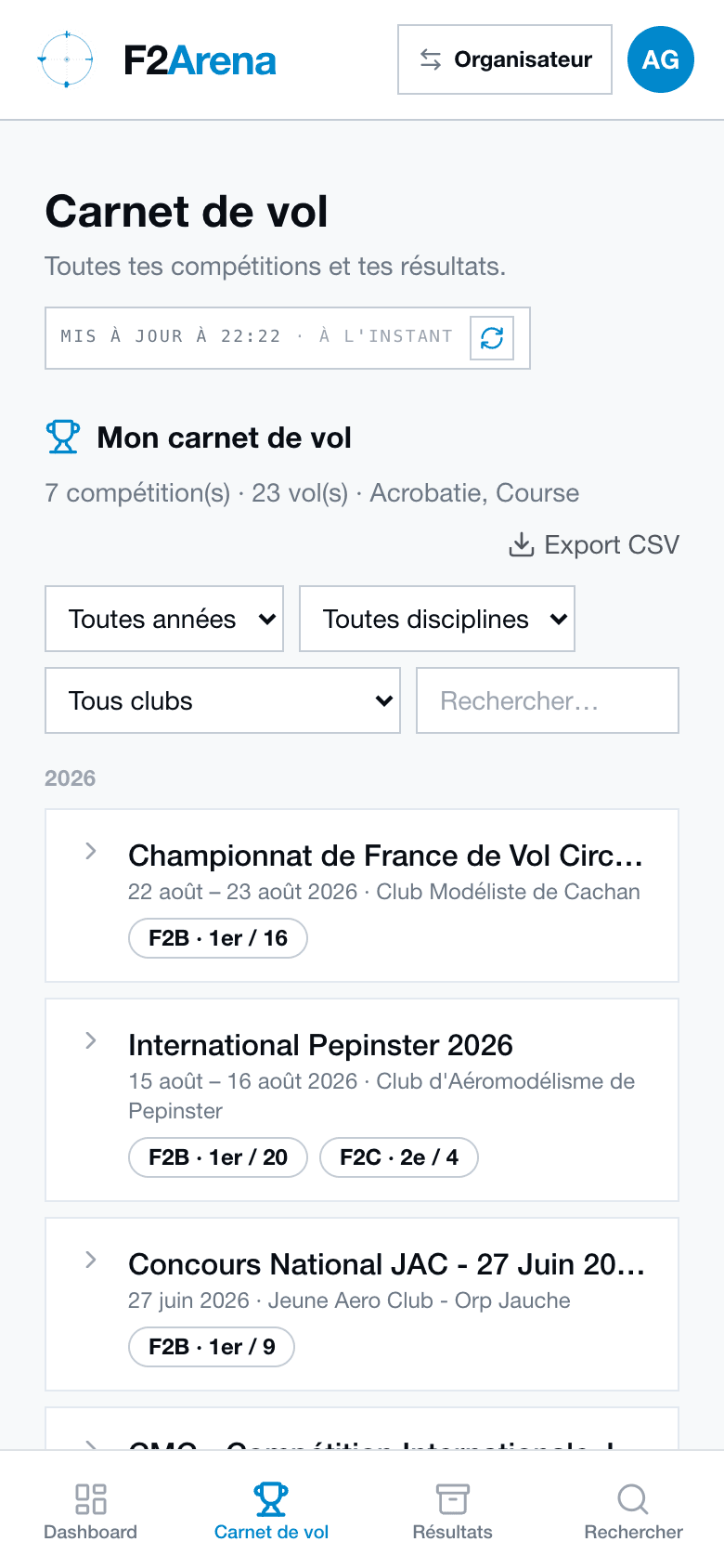 Le carnet : chaque compétition, chaque place, exportable.