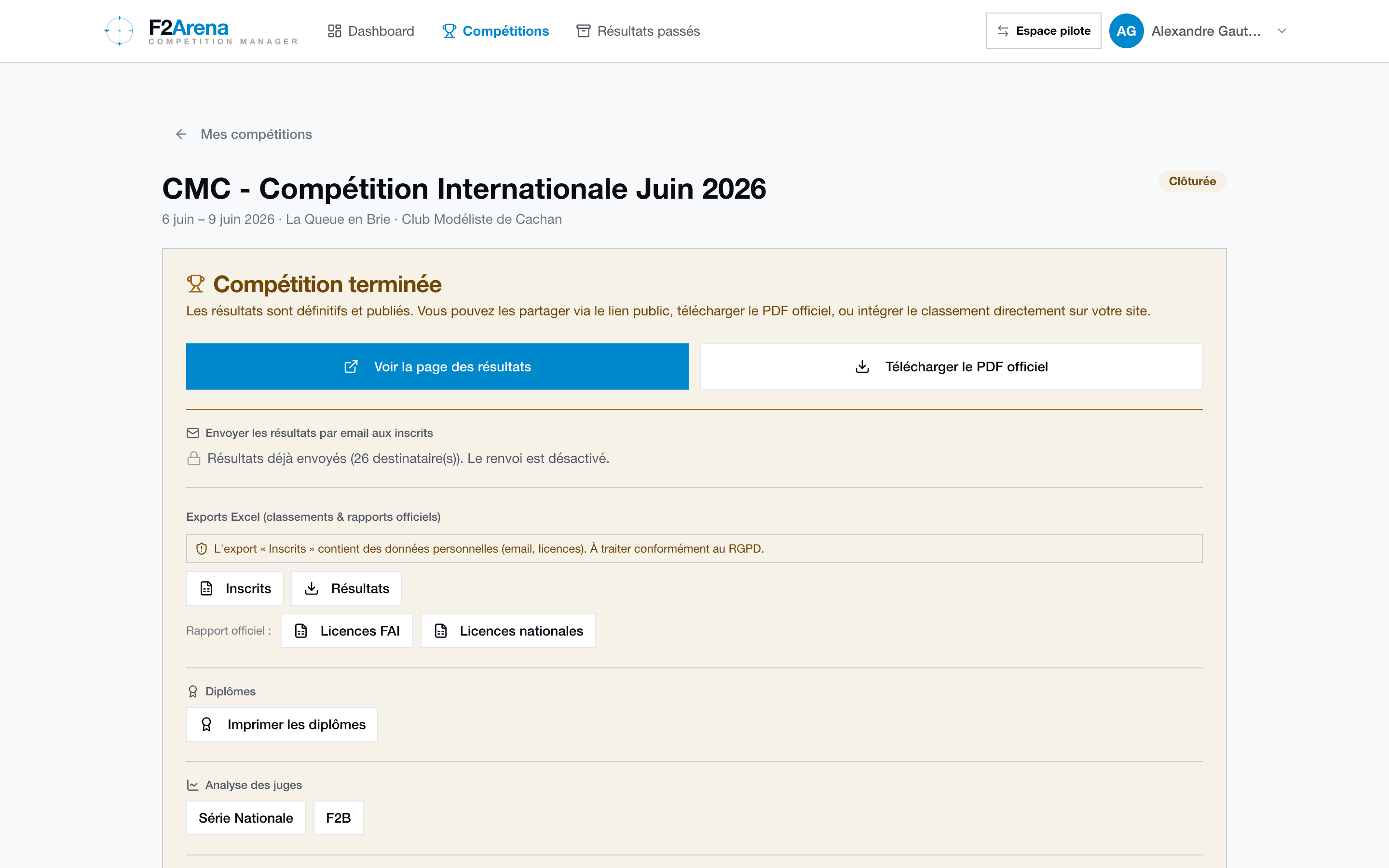 Le cockpit de jugement : l'organisateur voit les notes arriver.