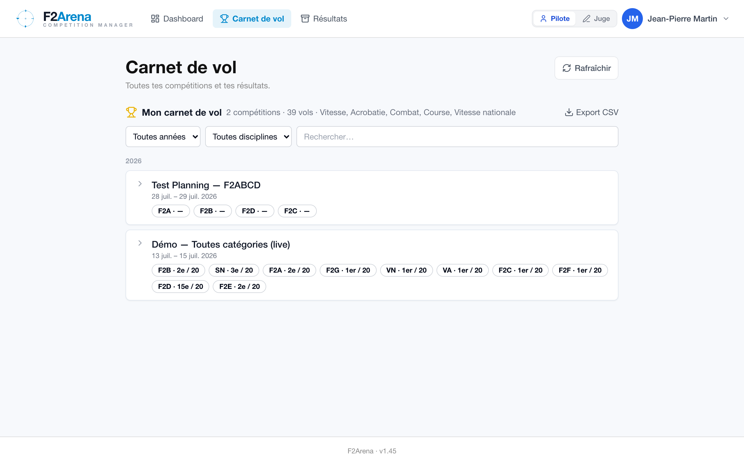 détail d'une compétition dépliée avec vols et liens feuilles