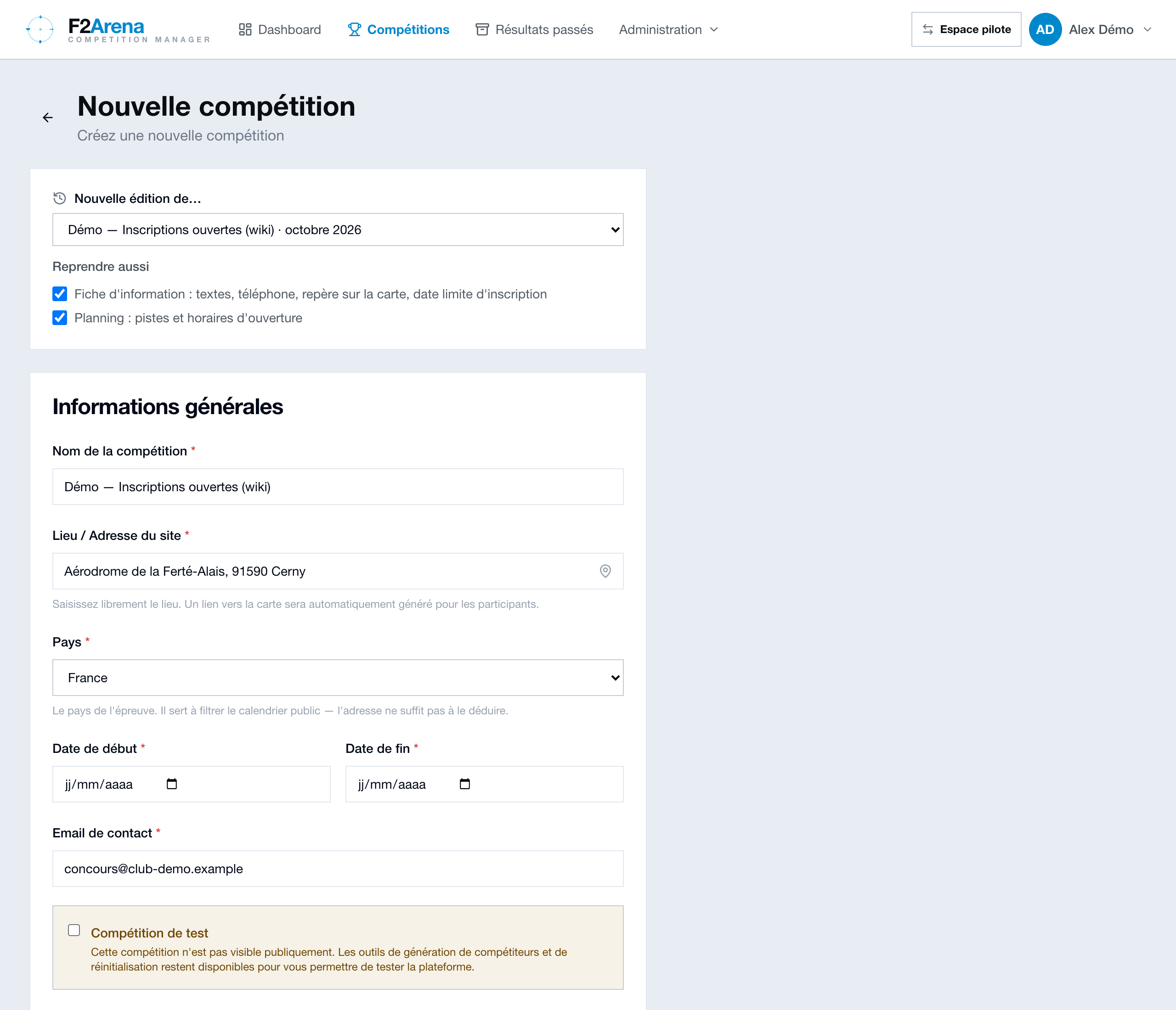 création d'une nouvelle édition : compétition précédente choisie, réglages à reprendre