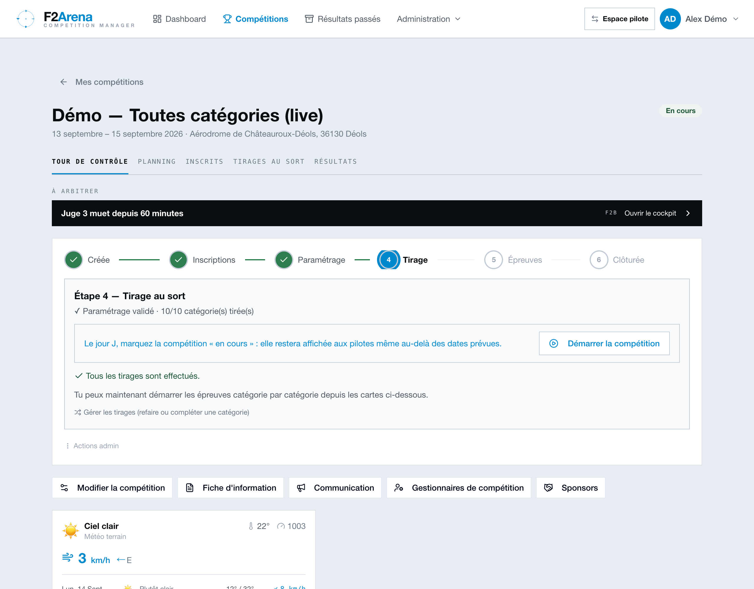 tour de contrôle, onglets et outils de la compétition